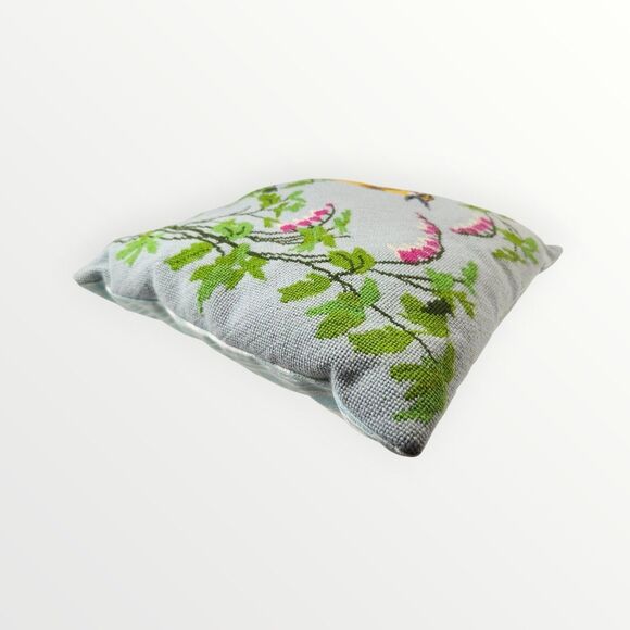 Vintage Needlepoint Bird In Tree Decor Throw Pillow 11"x11"  Signed 1990 - Picture 5 of 12